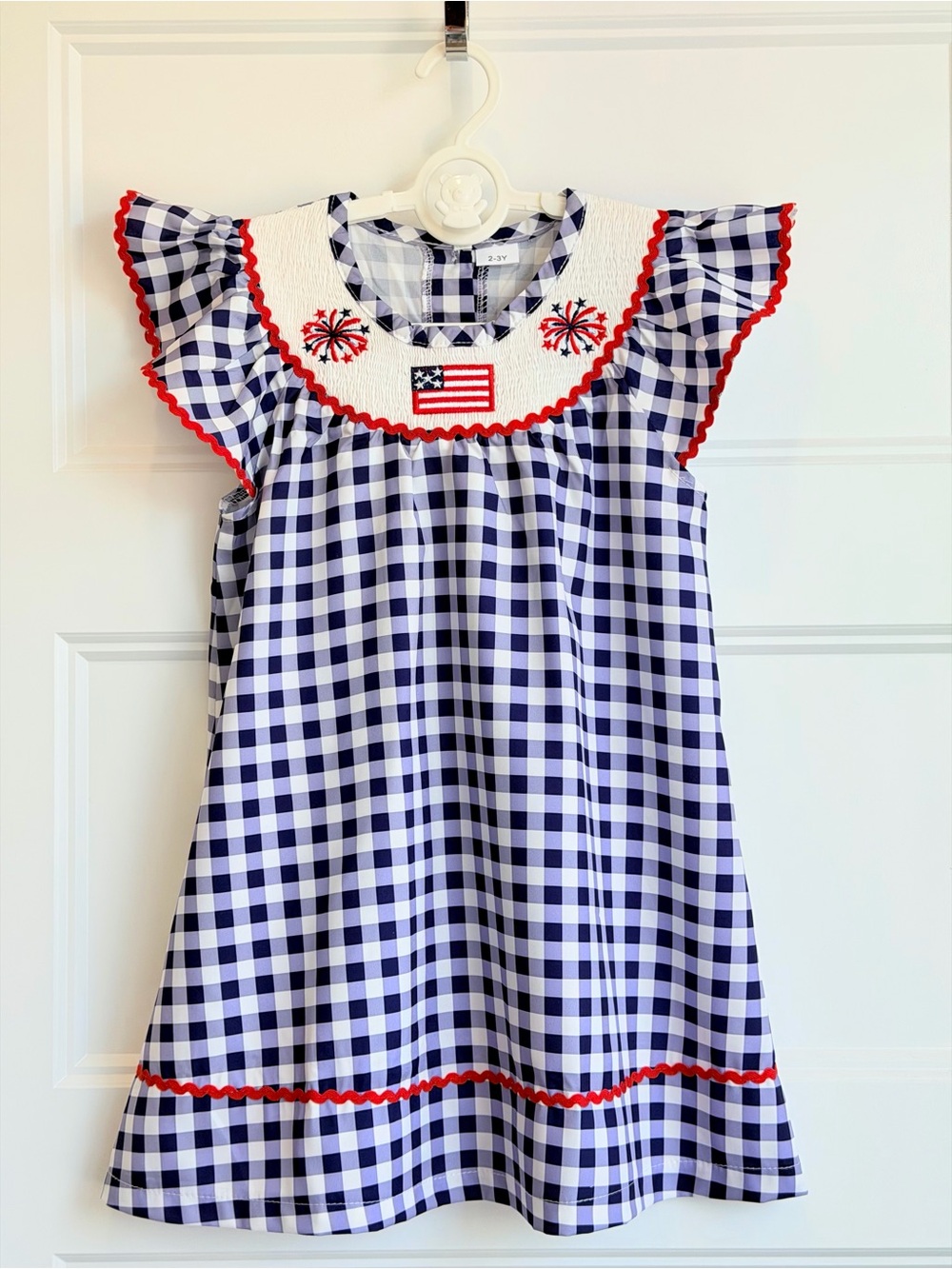 Navy Gingham Flag Embroidered Girls' Dress with Red Trim